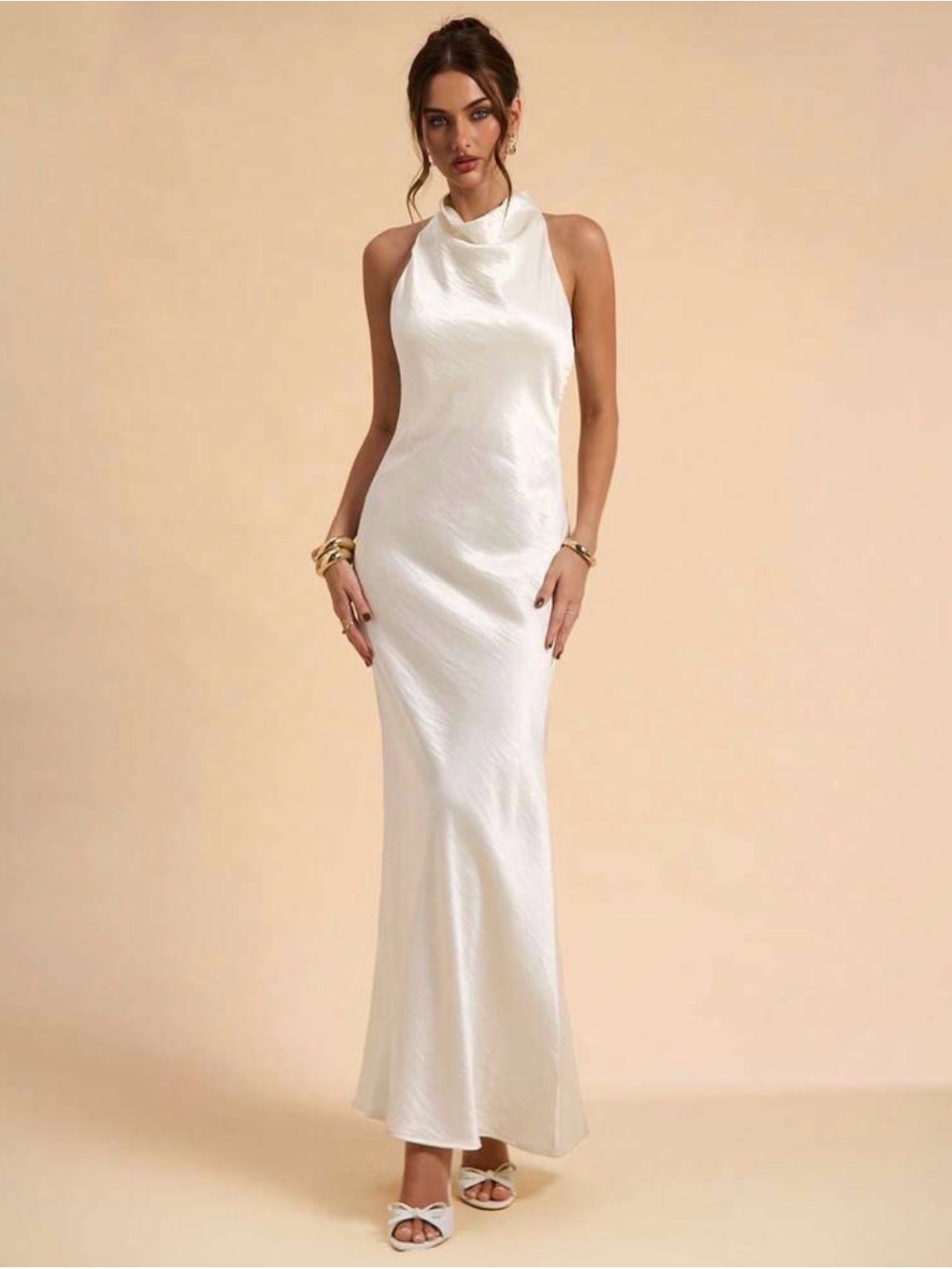 Lulus Meliana White Satin Halter Backless Maxi Dress in Cream